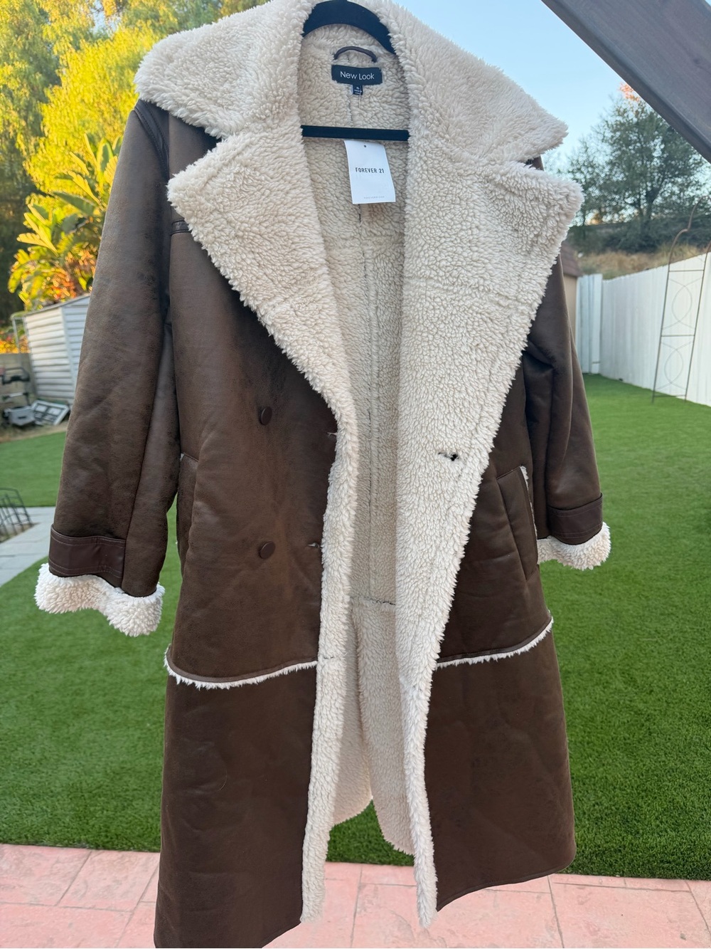 NWT Jim Forever 21 Brown Trench Coat with Cream Sherpa Lining